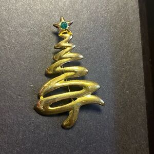 Vintage Mod Style Christmas Tree Pin - Minimal Gold Tree with Green Stone Brooch